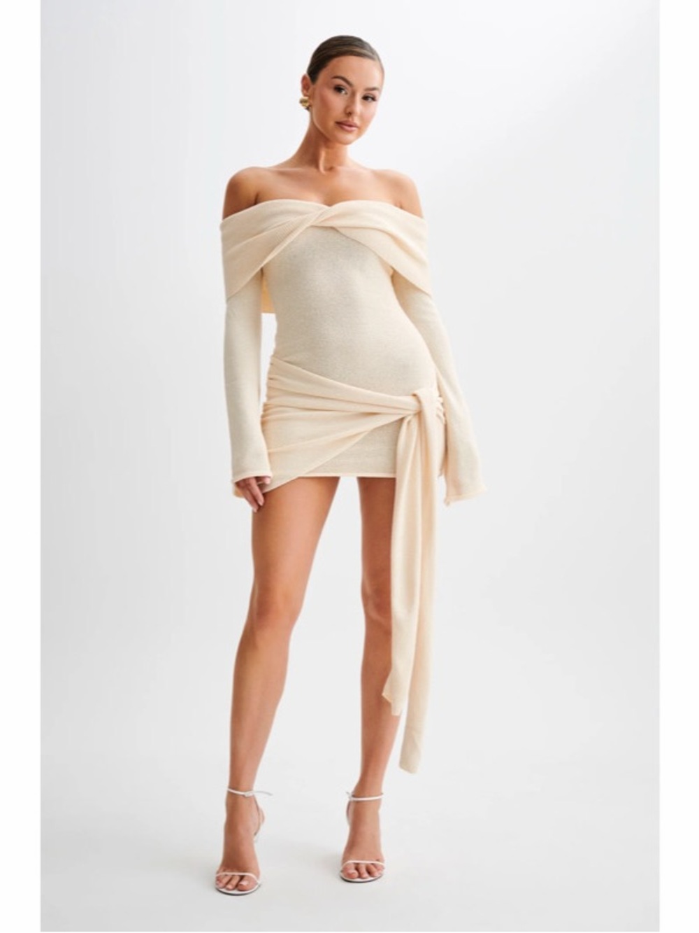 NWT‎ Meshki Camryn Off Shoulder Tie Knit Mini Dress Cream Marle Women’s Size L